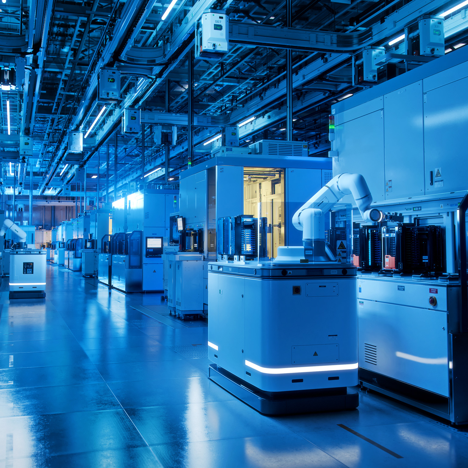 Wide shot inside advanced semiconductor production fab cleanroom