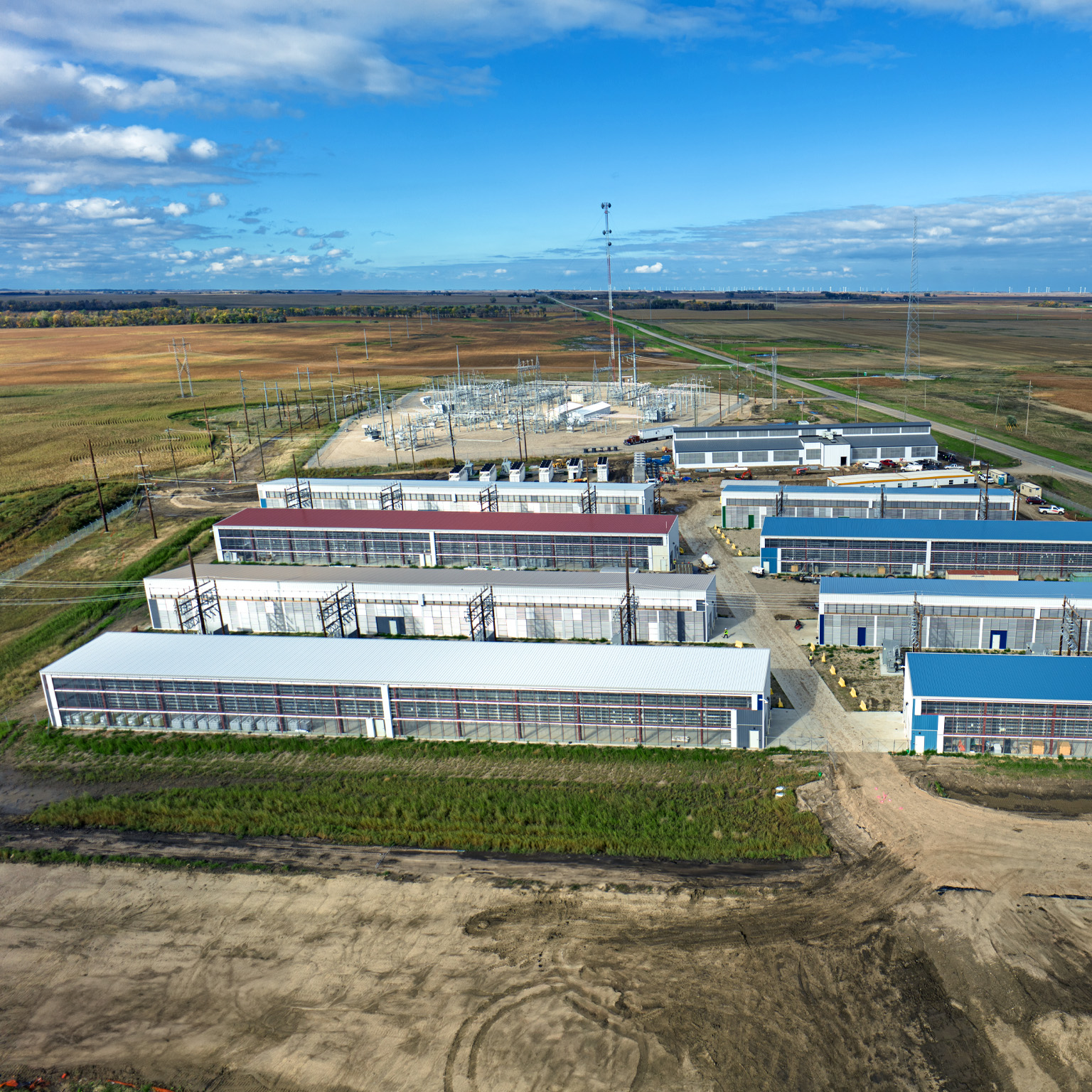 Aerial shot of a data center warehouse in a remote location in Stutsman County, North Dakota.
