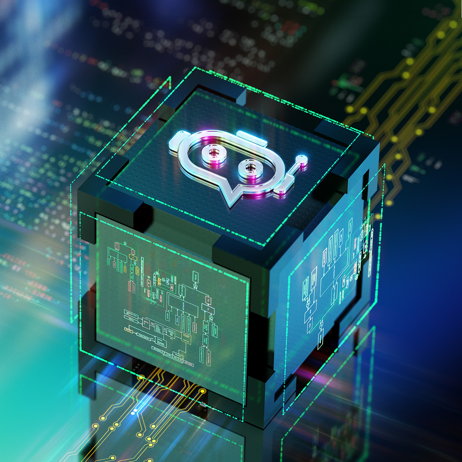 Futuristic chatbot icon processing texts and commands over CPU. CGI 3D render - stock photo