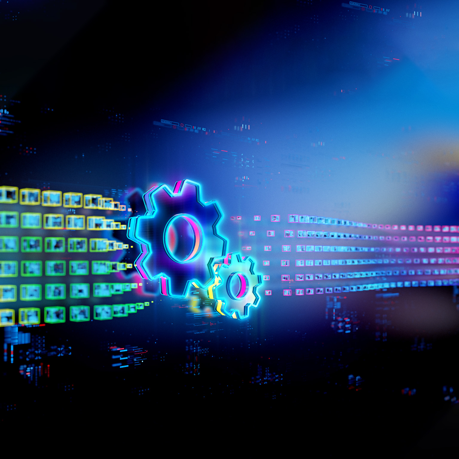 A pair of digital gears depicted on a linear ribbon made of small squares representing progress radiating from them. These gears and squares are highlighted in neon blue, purple, and green, contrasted against a dark blue backdrop.