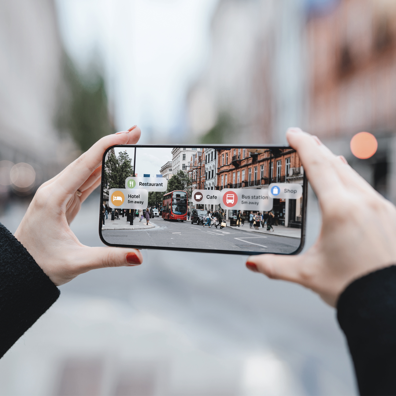 Young woman locating direction with augmented reality technology on smartphone on street.