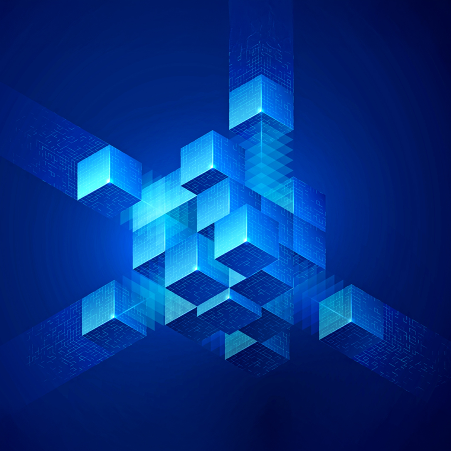 Glowing blue digital cubes form an interconnected three-dimensional network.