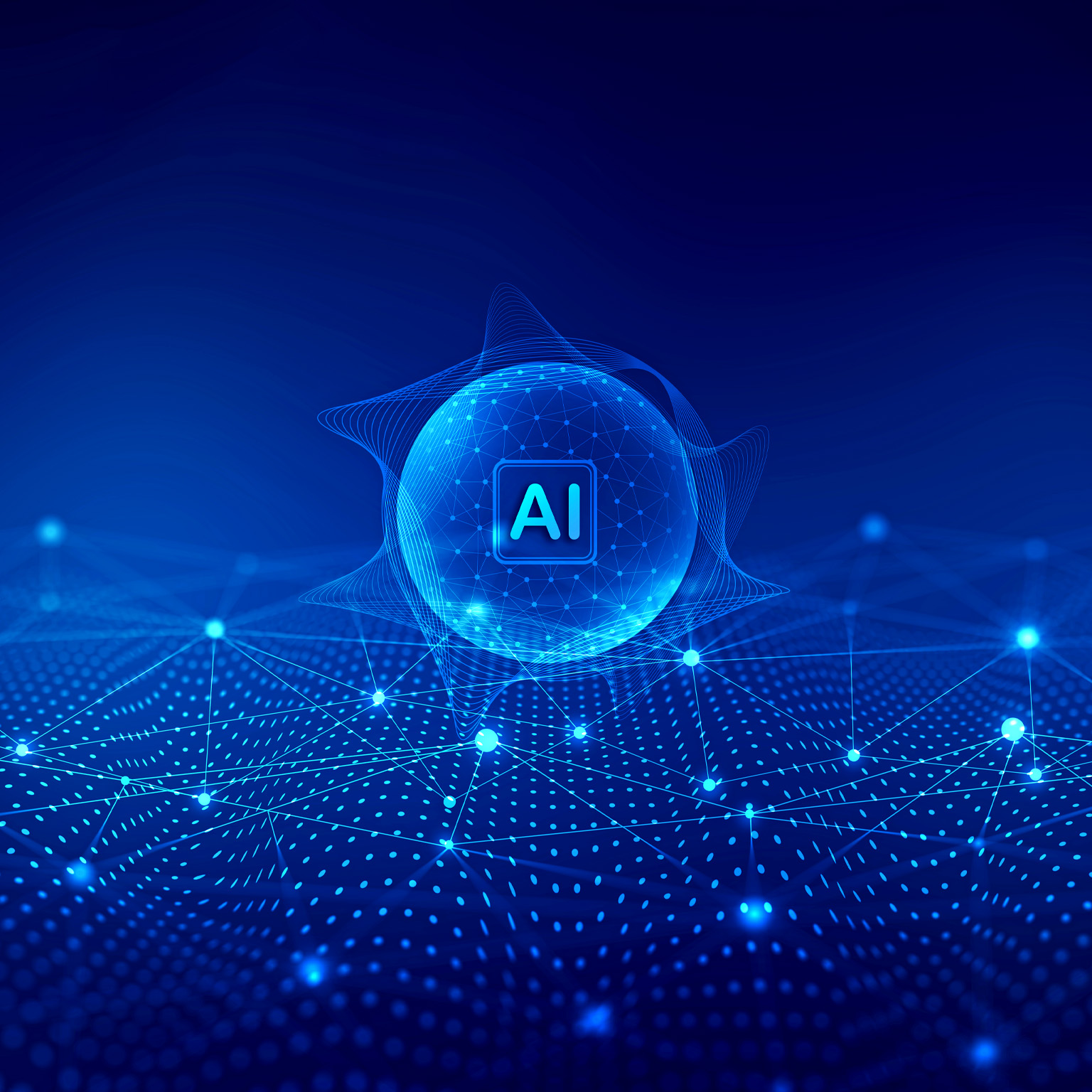 A blue sphere with the letters "AI" in a square on its surface, encircled by delicate wave-like lines. This sphere is positioned above a blue network of connected dots, creating a digital, futuristic aesthetic.