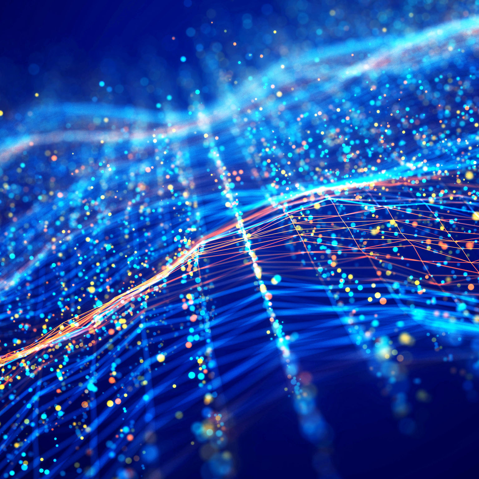 An digital illustration of an abstract network wave and glowing blue and orange particle data on dark background