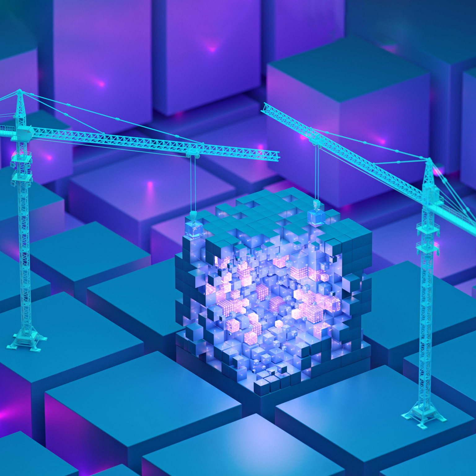 Two teal construction cranes stand on opposite ends of a large, luminous cube made up of numerous smaller cubes. The cranes are carefully placing additional cubes onto the structure, hinting at the building of a digital framework.