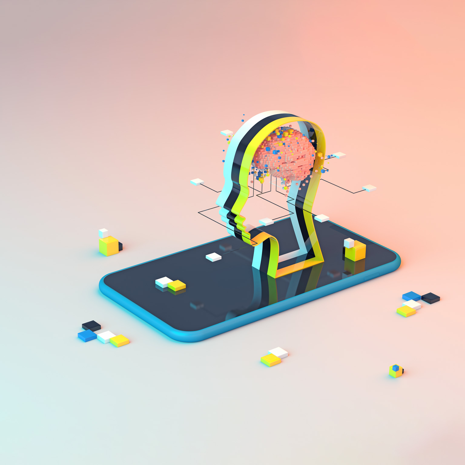 Abstract 3D representation of artificial intelligence: a stylized silhouette of a head with a pixelated brain placed atop a cell phone, surrounded by a network emanating from the head.