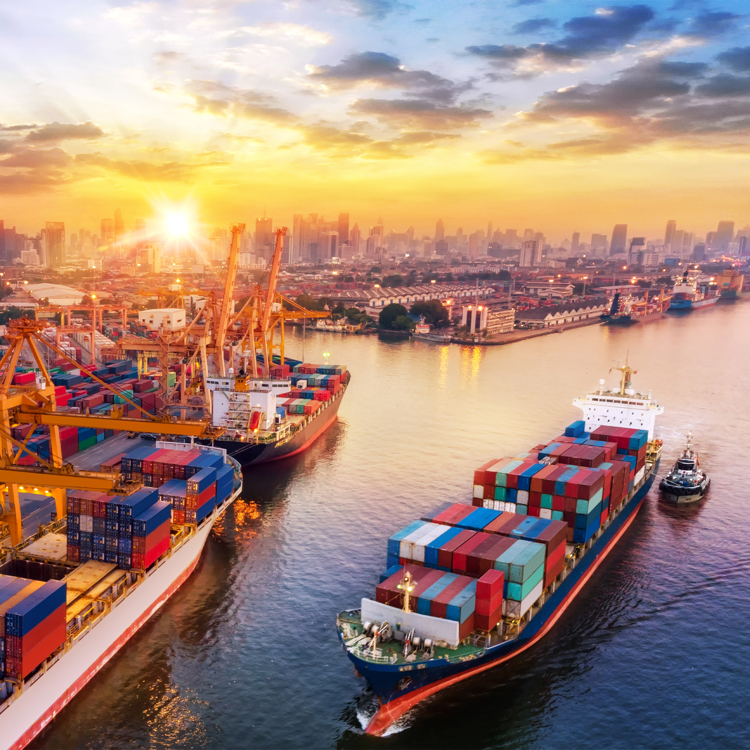 Logistics and transportation of Container Cargo ship and Cargo plane with working crane bridge in shipyard at sunrise