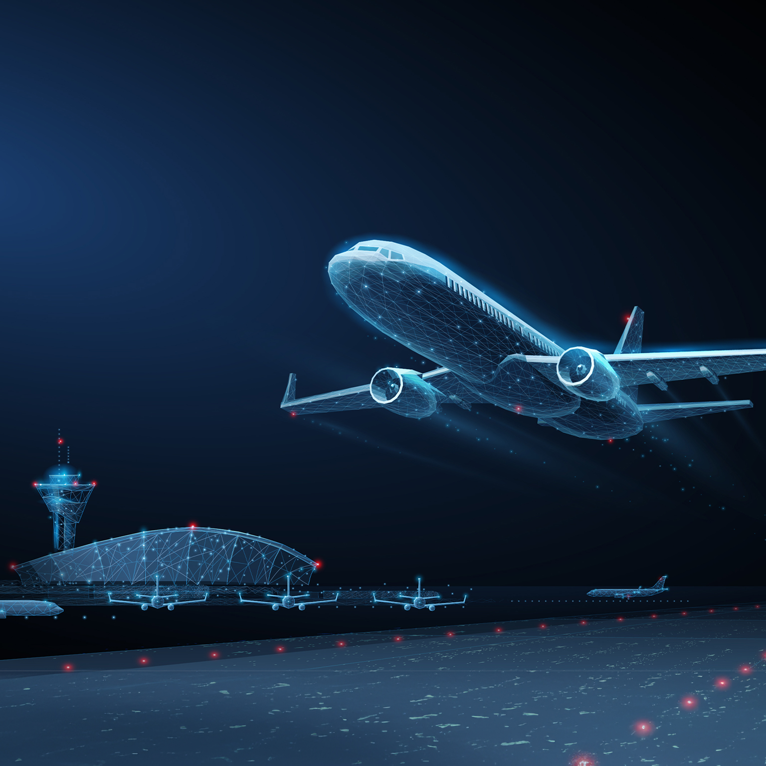 Takeoff of an airplane with an airport in background. - stock illustration