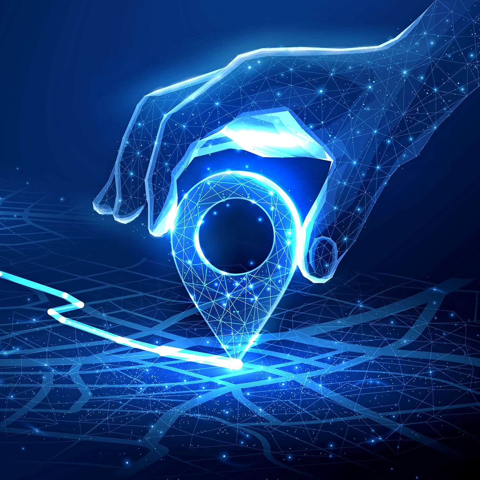 Illustration of a digital style hand setting location on a map with two pins