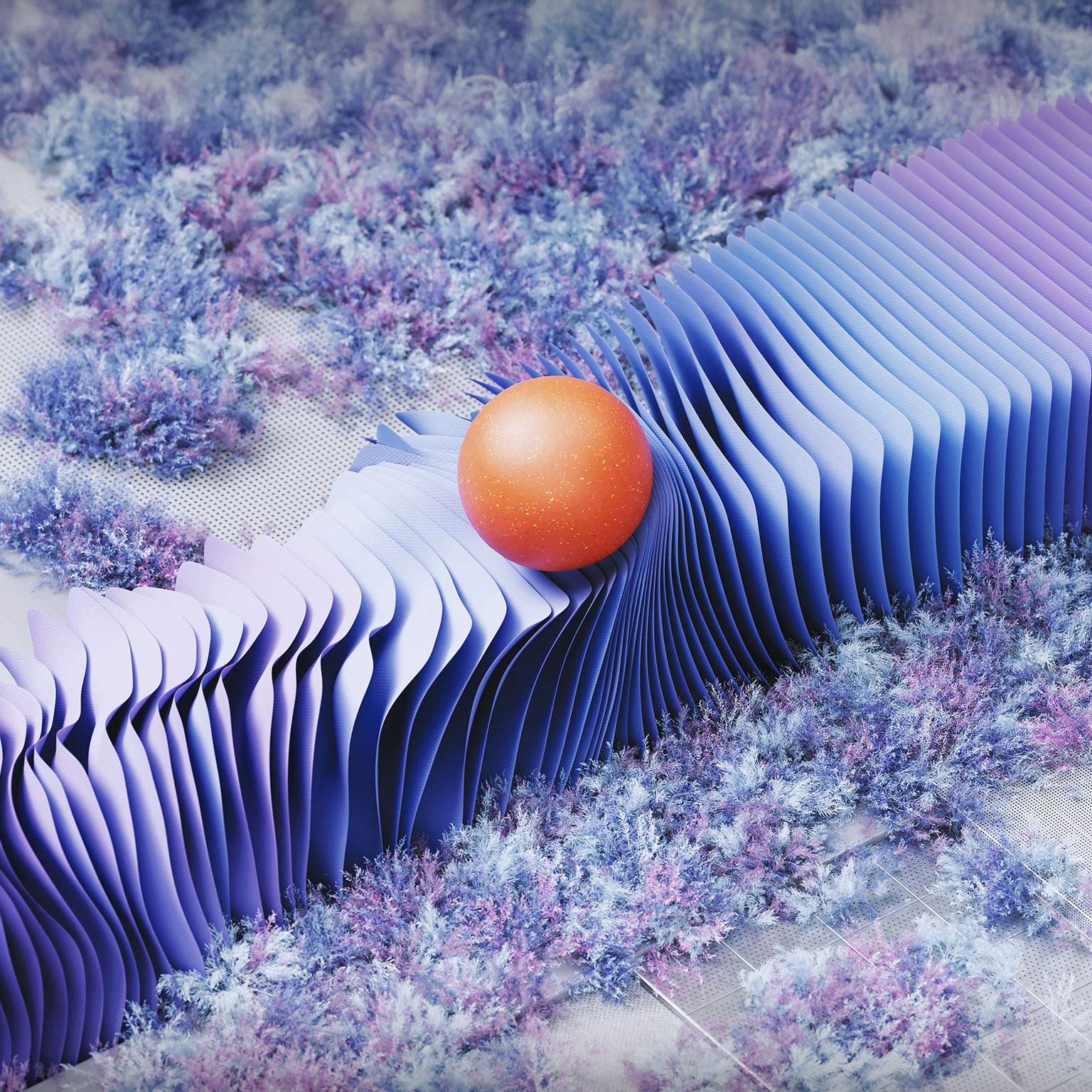 This image features a vibrant, abstract composition dominated by undulating, wave-like structures surrounding by growing plants. The purple waves represent the flow of data in a digital network, with the orange sphere symbolizing a key node or an important packet of information traveling through the system. The soft, moss-like elements represent cloud storage or areas of low activity, providing a dreamy, ethereal backdrop to the constant movement of data.