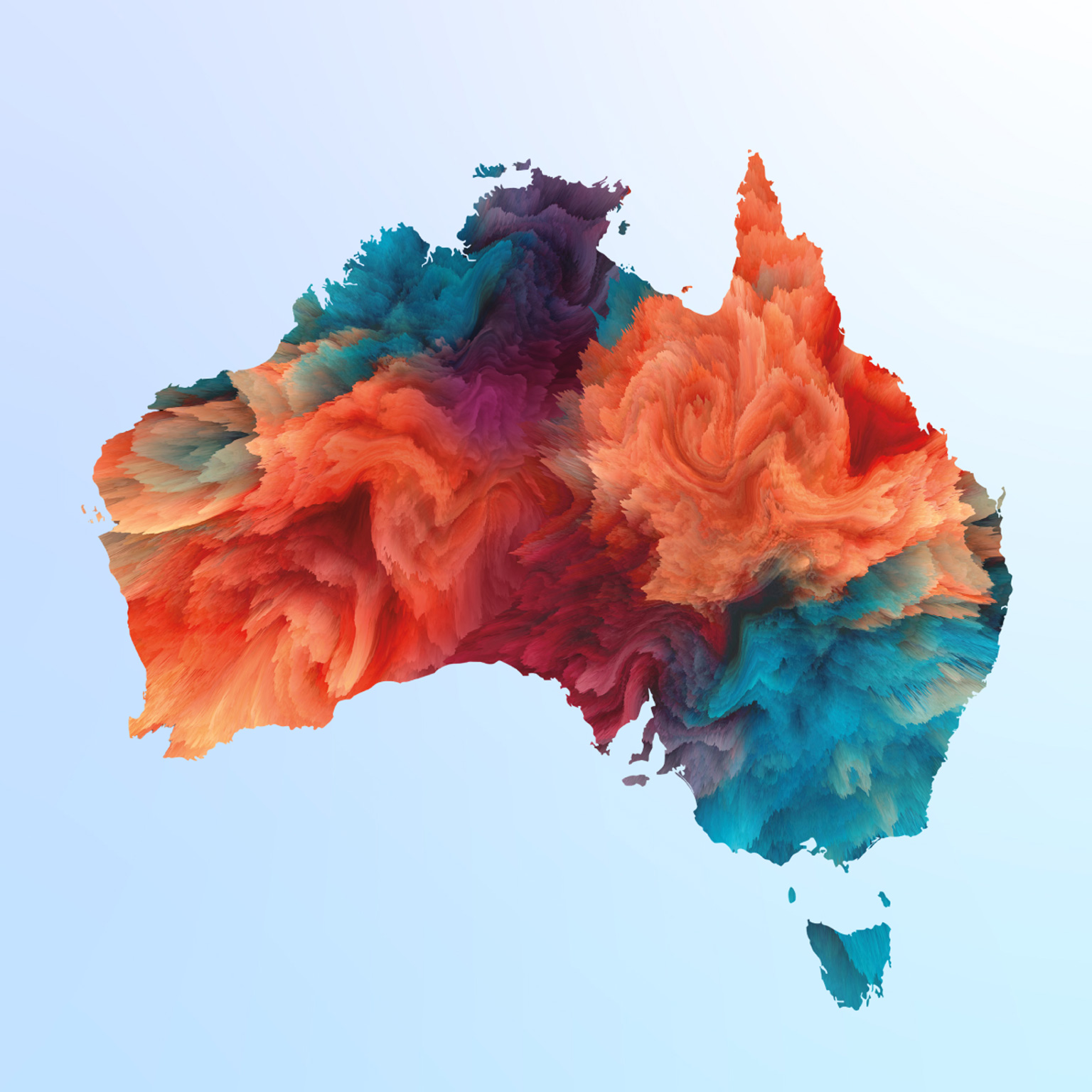 The image shows a vibrant, stylized 3D-effect topographical map of Australia in a spectral color palette featuring shades of blue, purple, red, and orange.