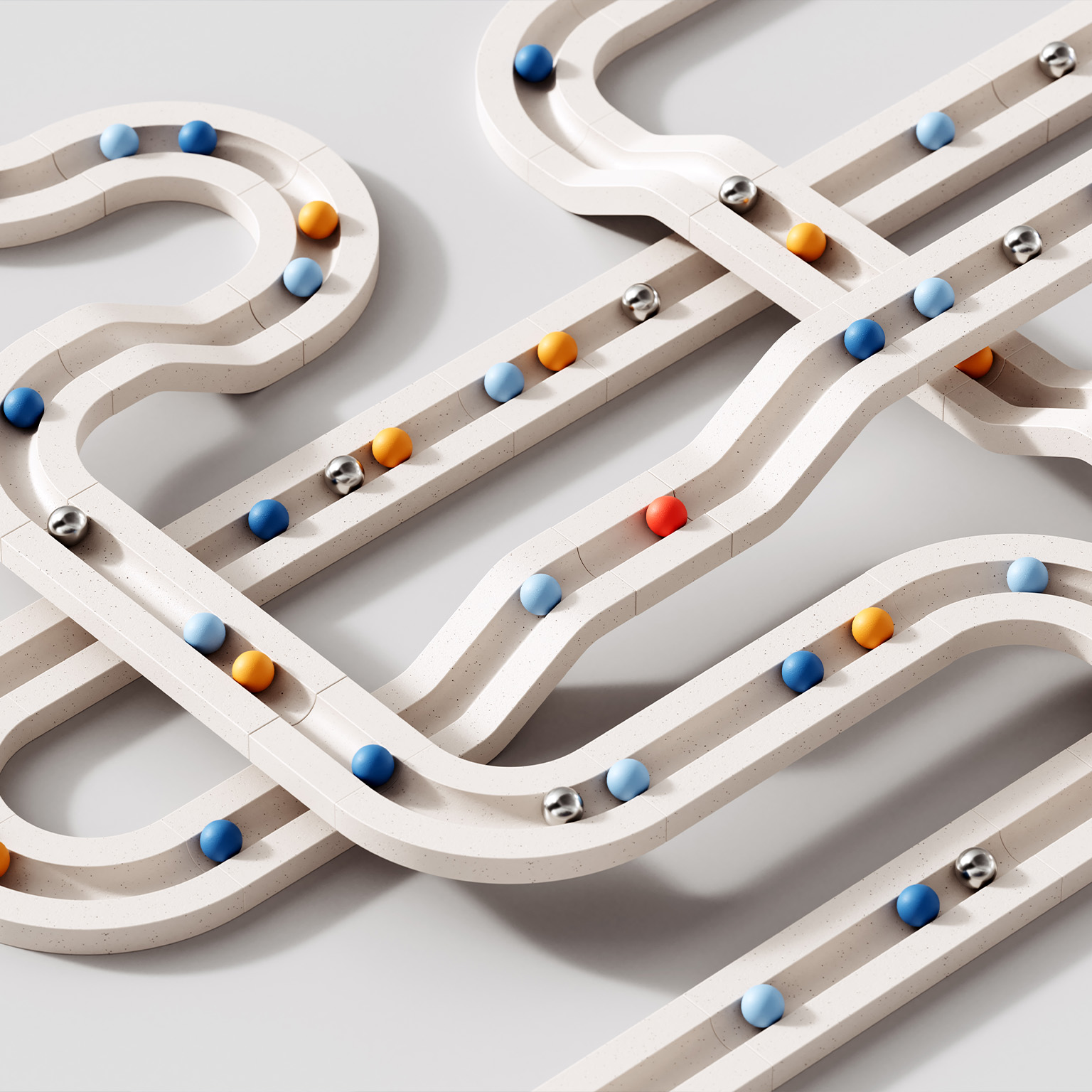 3D image of rolling objects along a path. The concept of choice.