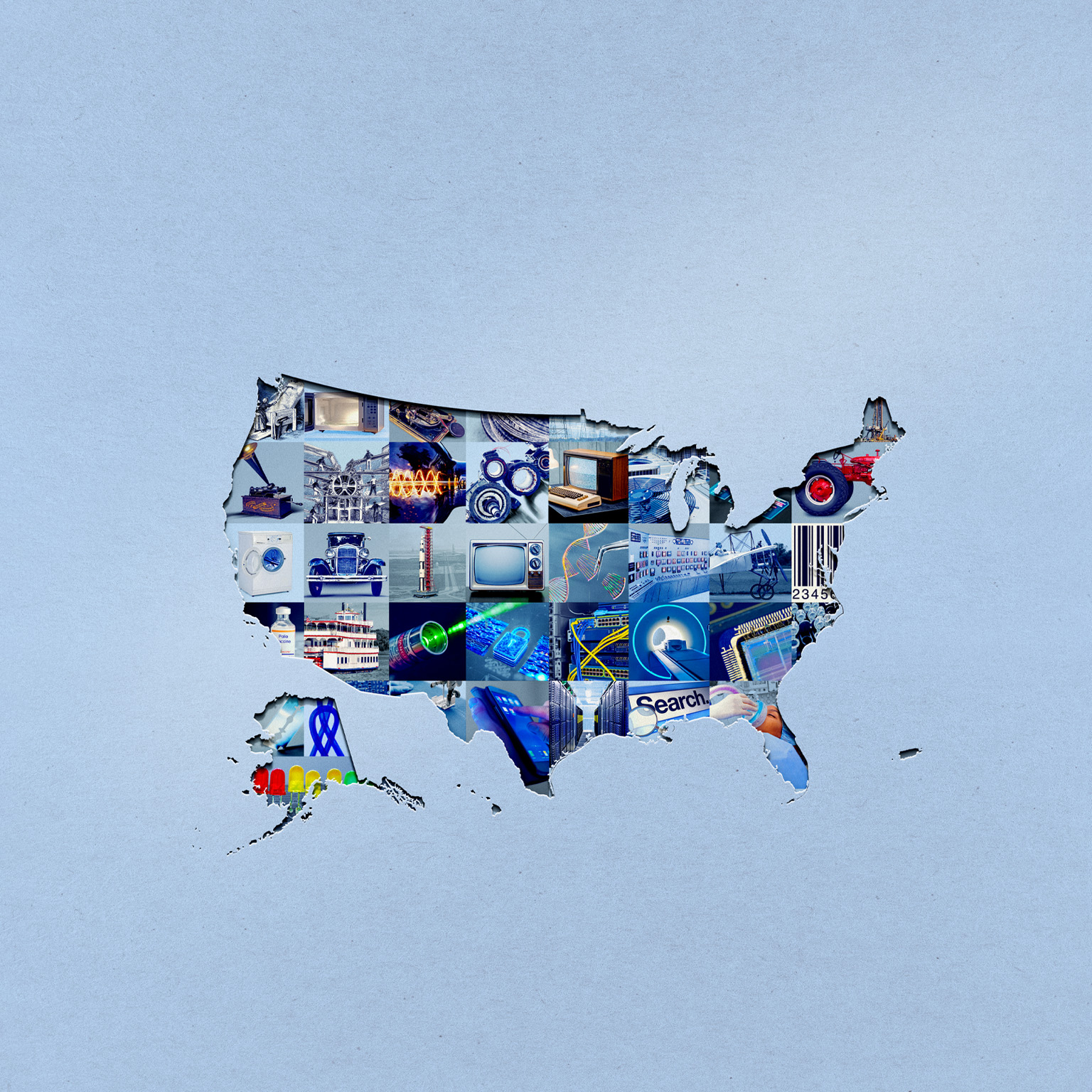 A cutout silhouette of the United States filled with a collage of photographs representing American technological innovations spanning 250 years. Inside the map are images of inventions and advancements such as vintage cars and televisions, farm equipment, computer chips, servers, DNA strands, medical scanners, and digital technology, symbolizing America’s technological progress and competitive edge.