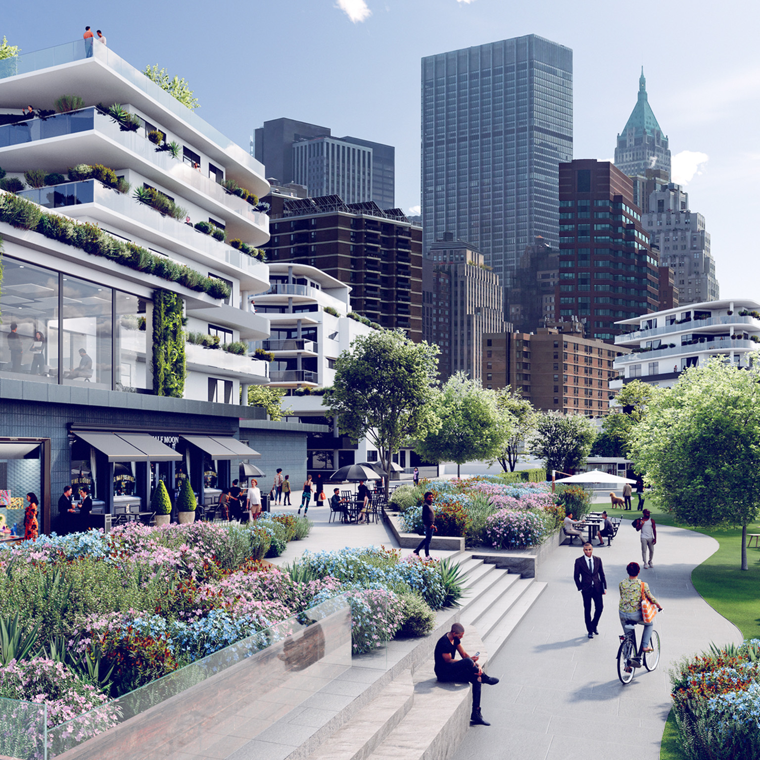  A photorealistic scene of a mixed-use development with older office buildings looming in the background.  The foreground is bustling with shoppers and office professionals walking along wide sidewalks alongside multistory buildings with stores and eateries on the lower levels and offices and apartments above them.