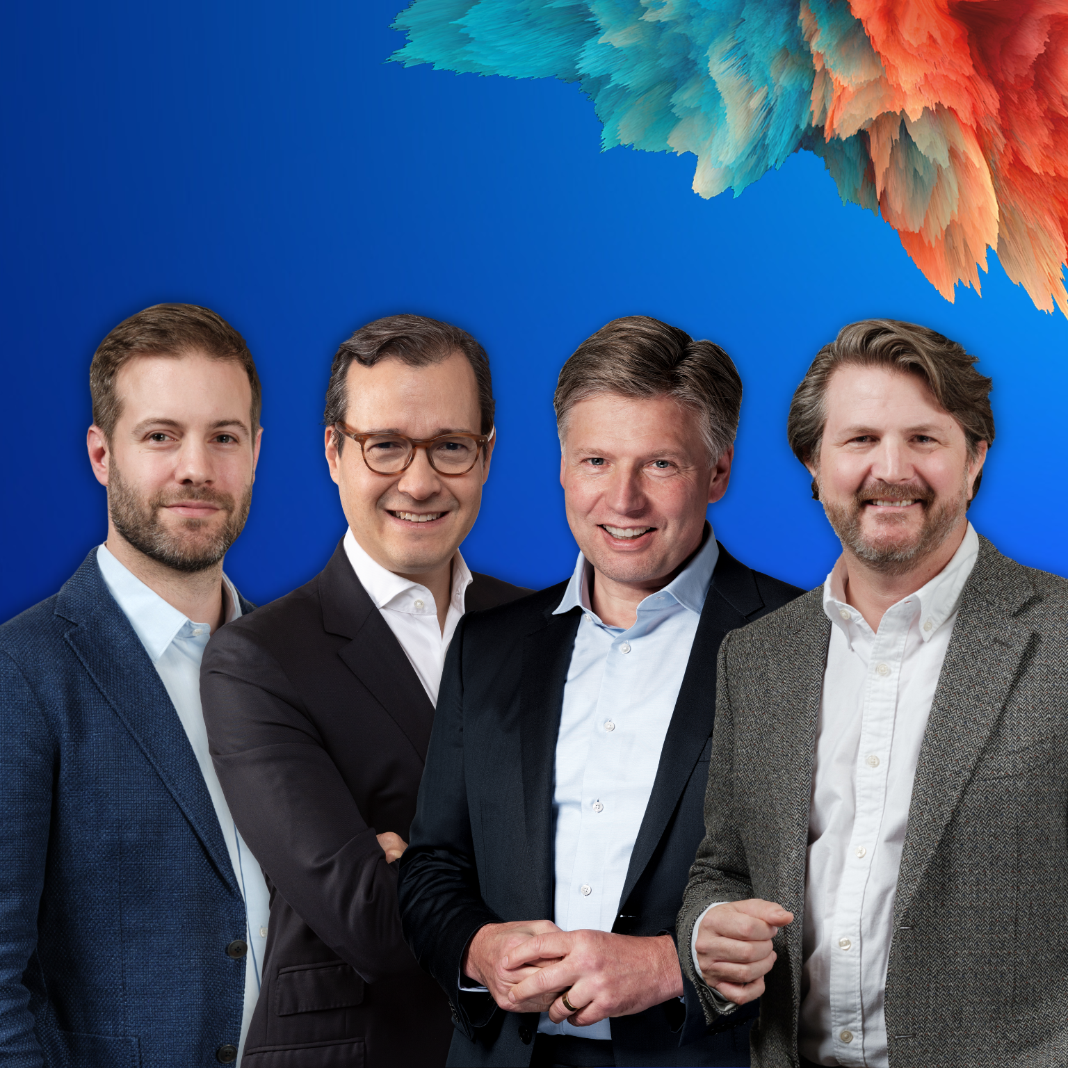 The image features Marc Canal, Nick Leung, Sven Smit, and Chris Bradley, the core authors of the McKinsey Global Institute book titled "A Century of Plenty: A Story of Progress for Generations to Come." They pose together and smile at the camera against a vibrant blue backdrop. Colorful painterly brushstrokes in warm orange and cool teal tones frame the image on either side.