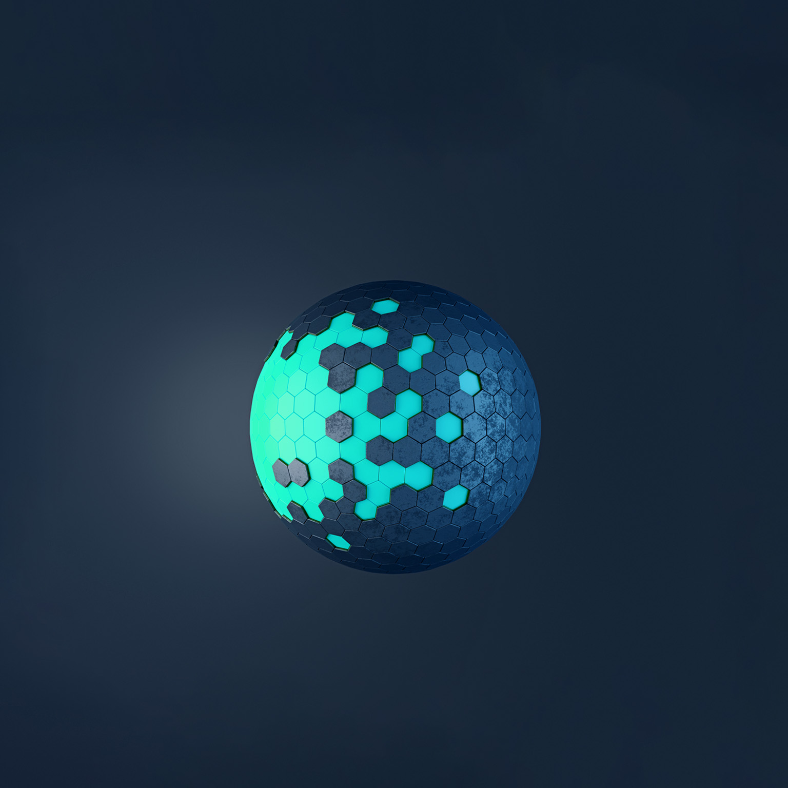  A sphere composed of hexagonal panels, some dark blue and others glowing teal. The sphere appears three-dimensional and has a slightly textured surface, giving it a metallic feel.