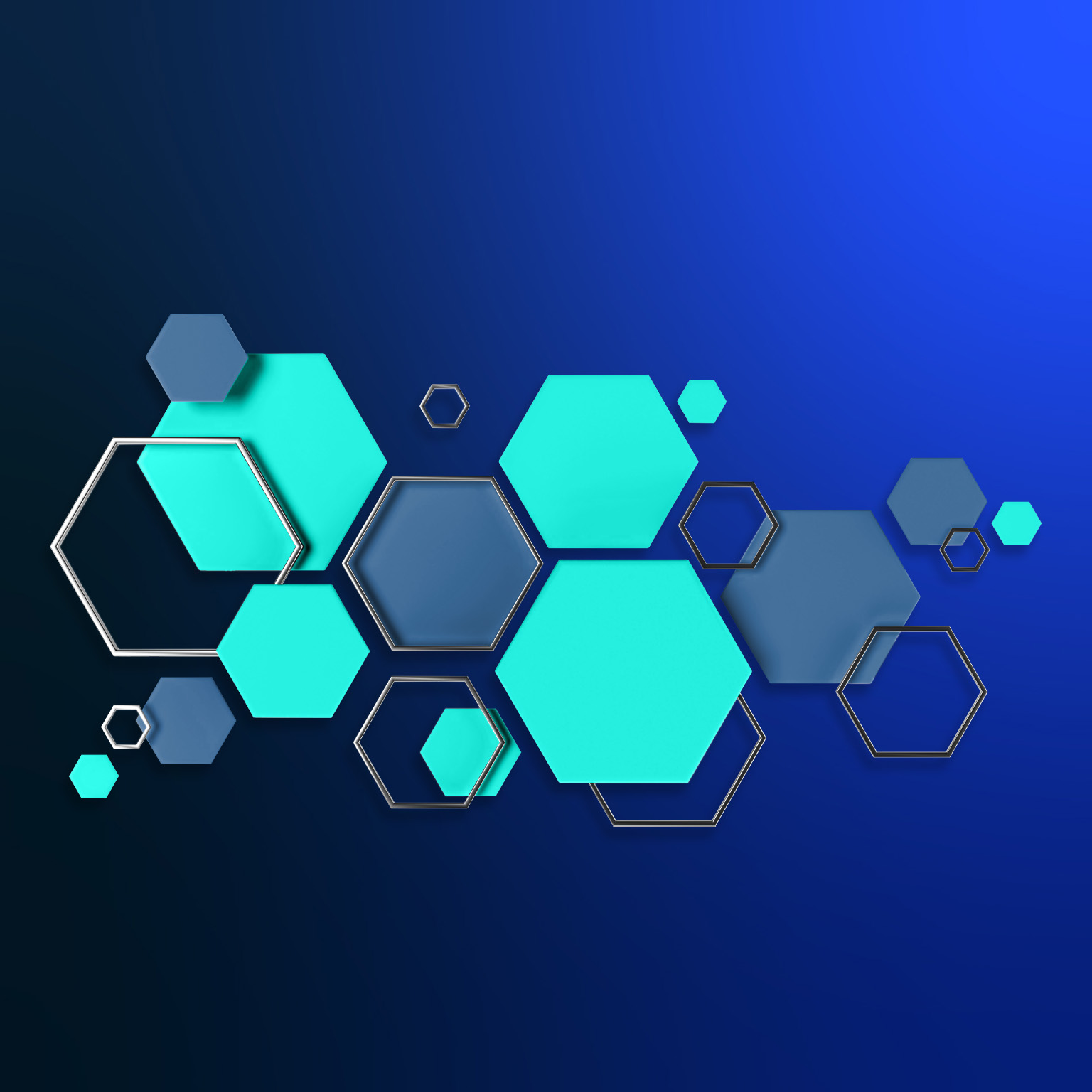 A collection of hexagonal shapes in different shades of blue and green, some fully colored while others have a metallic outline, float above a gradient blue background.