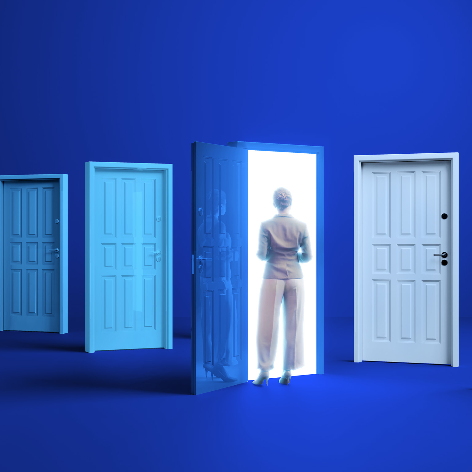 A woman in business attire stands before a brightly lit doorway. Several other closed doors of varying shades of blue are to her left and right.