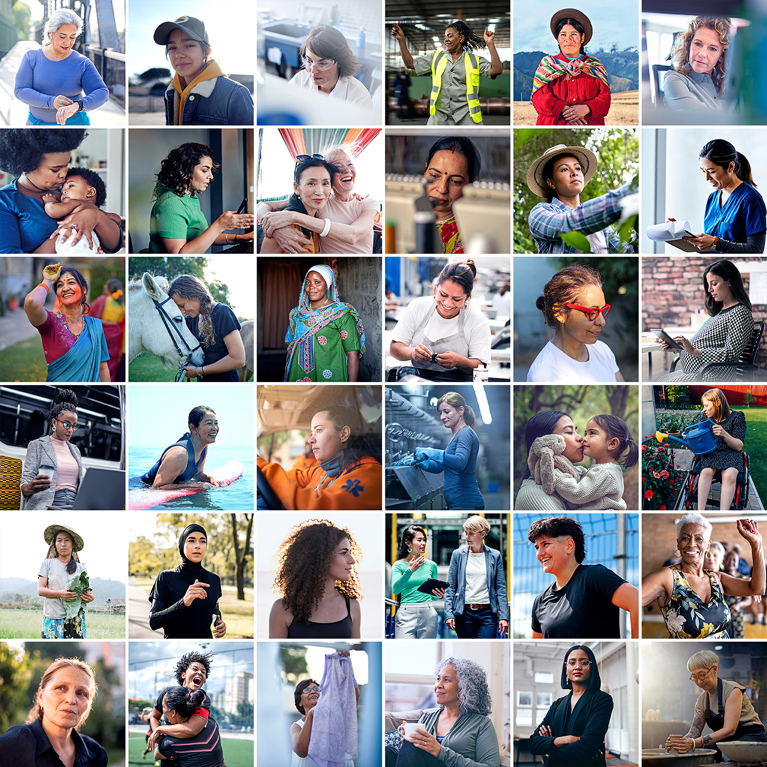 A collection of images of a diverse group of women of all ages and ethnicities, engaged in a variety of activities and professions.