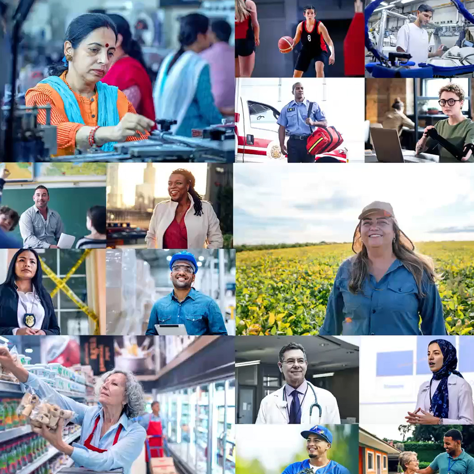 A video collage features a diverse array of people engaged in various professions and daily activities, including healthcare, manufacturing, education, technology, sports, and caregiving. The video is comprised of two mosaic scenes, each beginning in black and white and transitioning to color, thereby highlighting the message of enhancing workplace health.