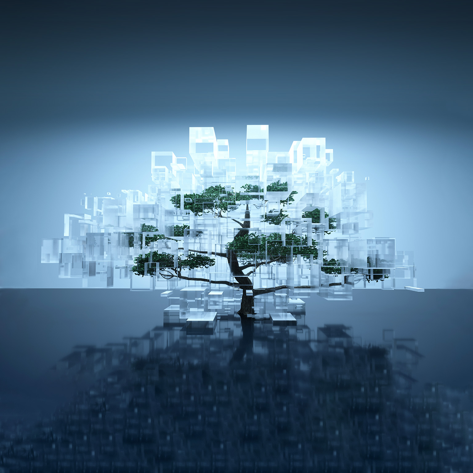 Digitally generated image of a tree inside glass containers on a blue background