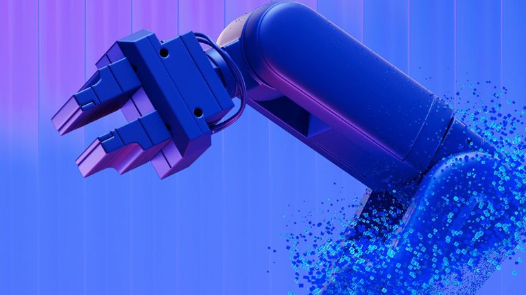 Robotic arm dissolving into particles on blue background.