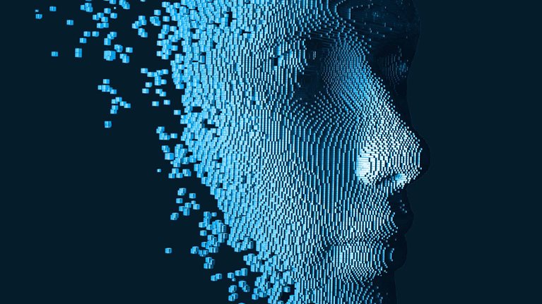 A digital construction of a human face consisting of blocks