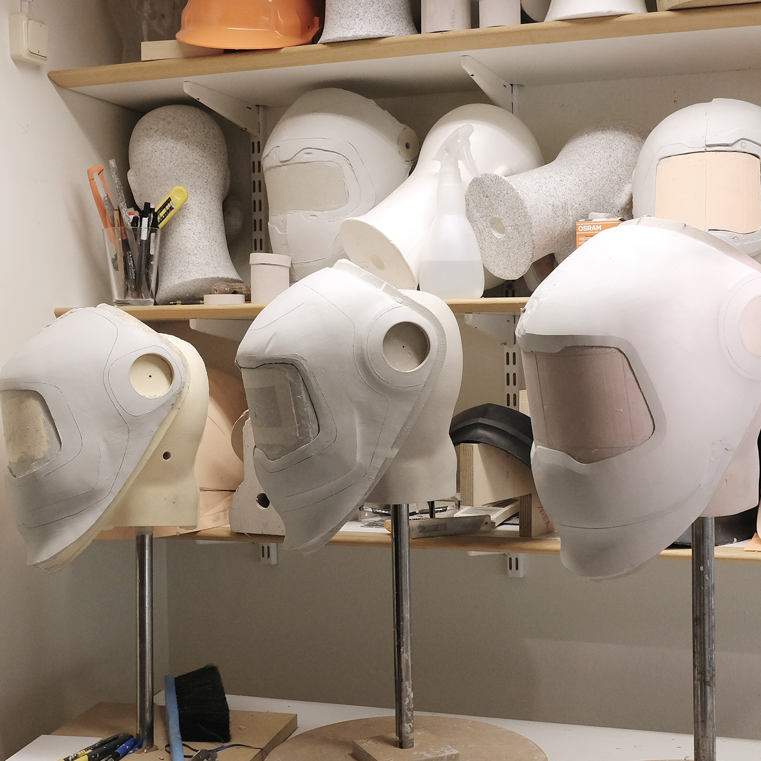Industrial design prototypes of worker safety masks in development studio