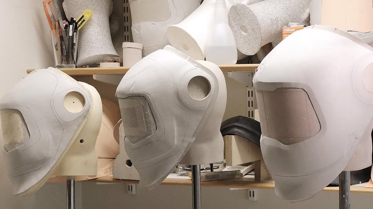 Industrial design prototypes of worker safety masks in development studio