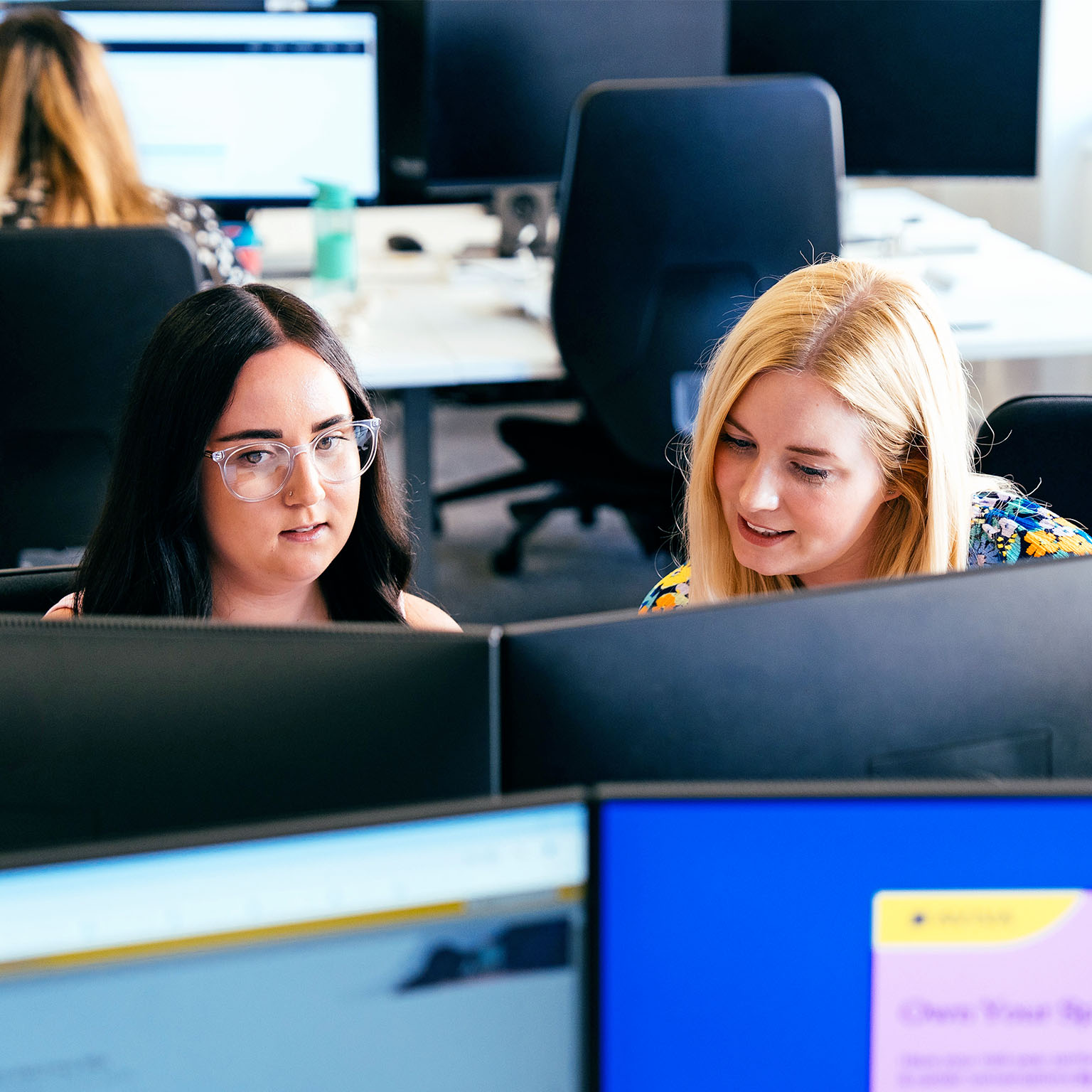 Insurance professionals collaborating at computer workstations in office setting