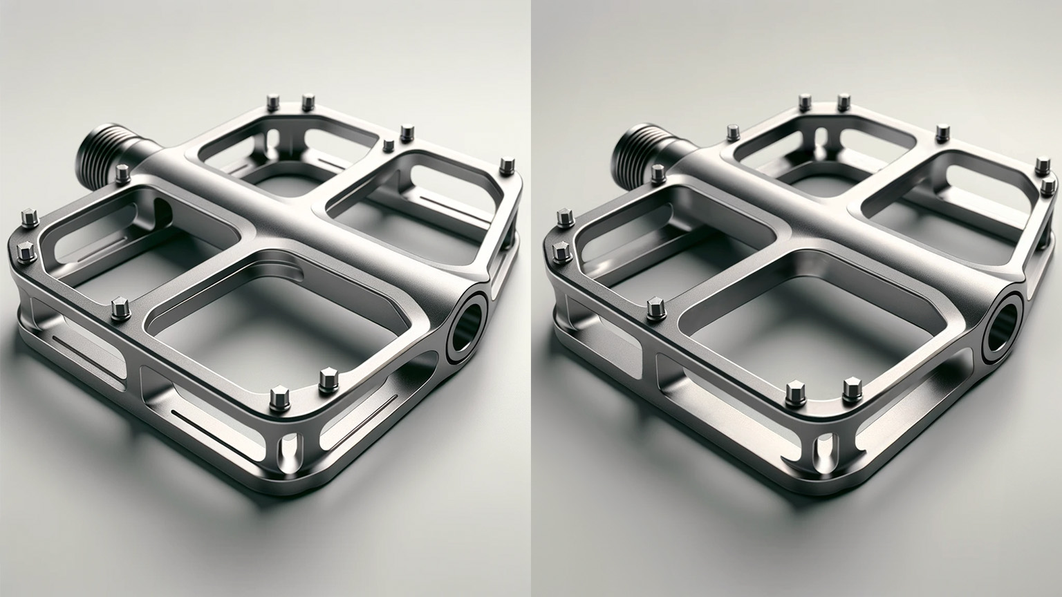 An image comparing the final raw output of a titanium bicycle pedal from generative AI following iterative prompting and the same image after it has been refined using image-editing software. The raw image shows studs and structural supports inconsistently placed and grooves marked on inside surfaces. After refinement by the designer, the studs are uniformly positioned, the interior surfaces are smooth, and the structural supports are precisely aligned with the corners and center of the pedal for improved strength.