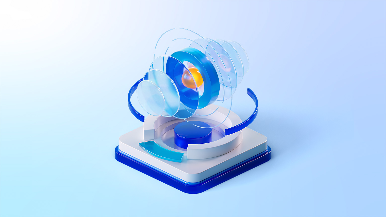 A yellow sphere is surrounded by concentric rings and translucent disks, positioned above a geometric platform. The forms consist of blue, white, and transparent glass-like materials.
