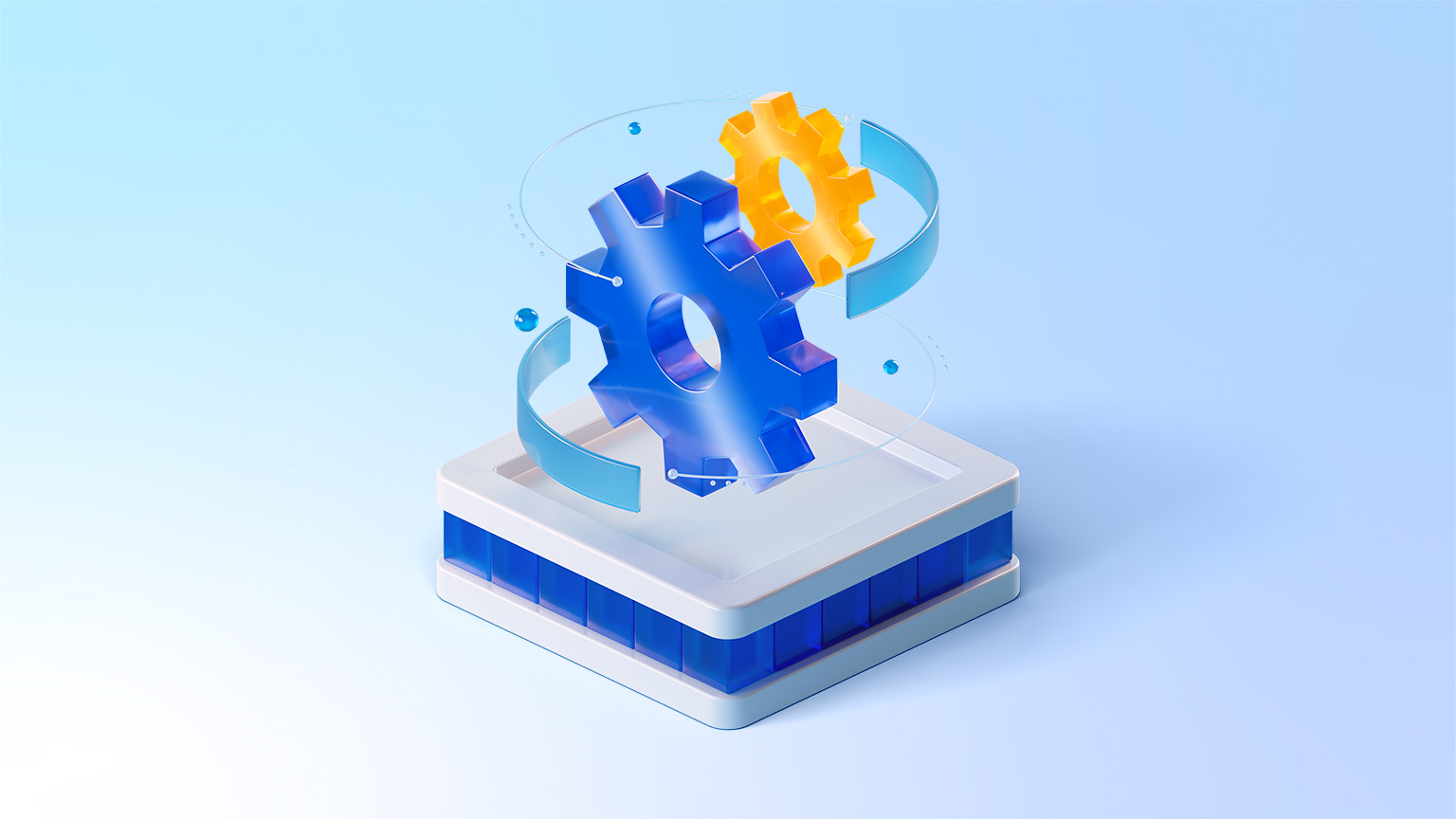 A deep blue gear and a yellow gear sit atop a tiered square platform, surrounded by floating arcs and details and rendered in blue, white, and transparent glass-like materials. 