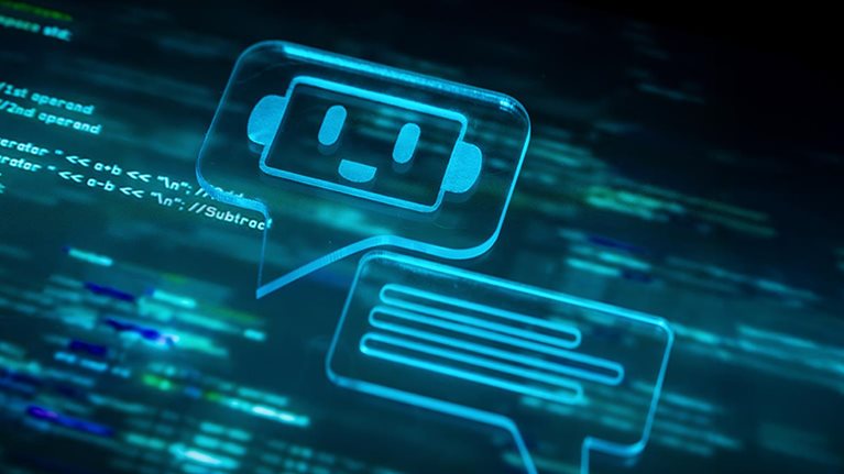 Friendly chatbot icon within a speech bubble engaging with programming code in a futuristic digital interface, symbolizing artificial intelligence in software development