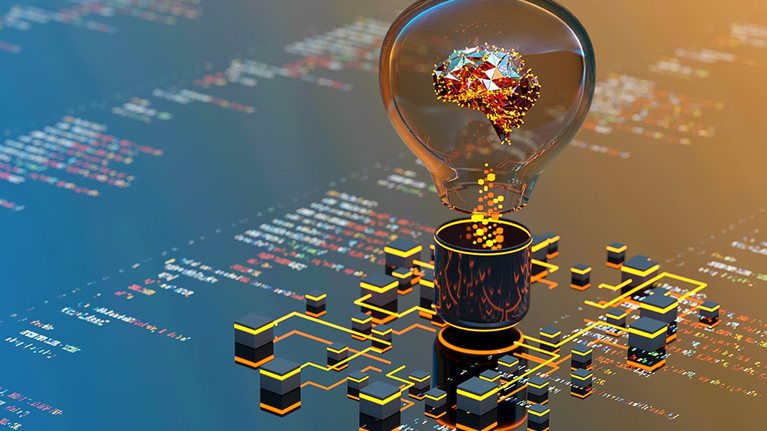 Artificial Intelligence digital concept abstract brains inside light bulb - stock photo