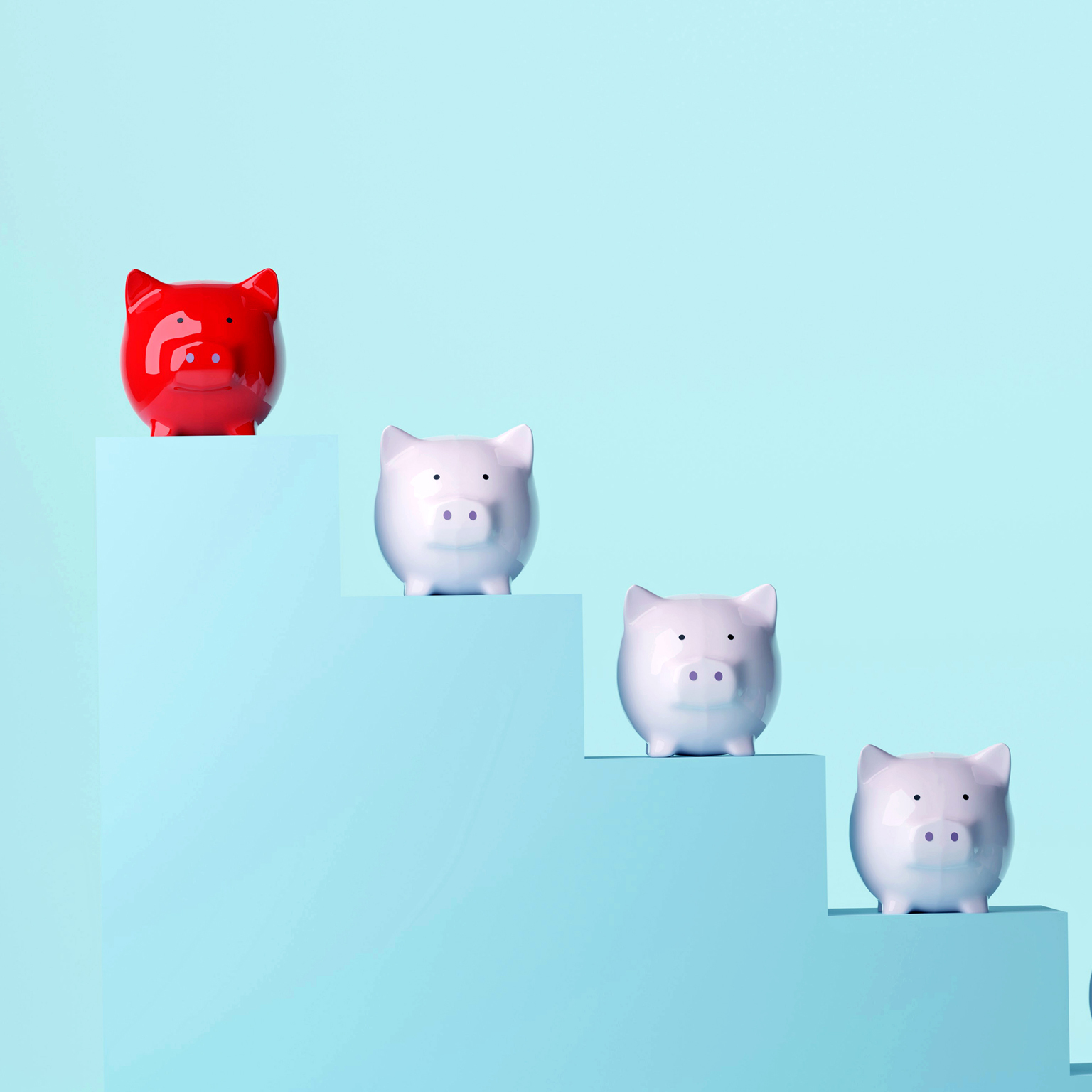 Five piggy banks descend along steps, with a red piggy bank standing apart at the top.