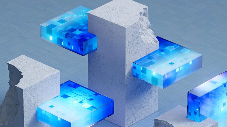 Abstract 3D scene of glowing blue digital blocks embedded in rough white stone structures on a grid-like surface.