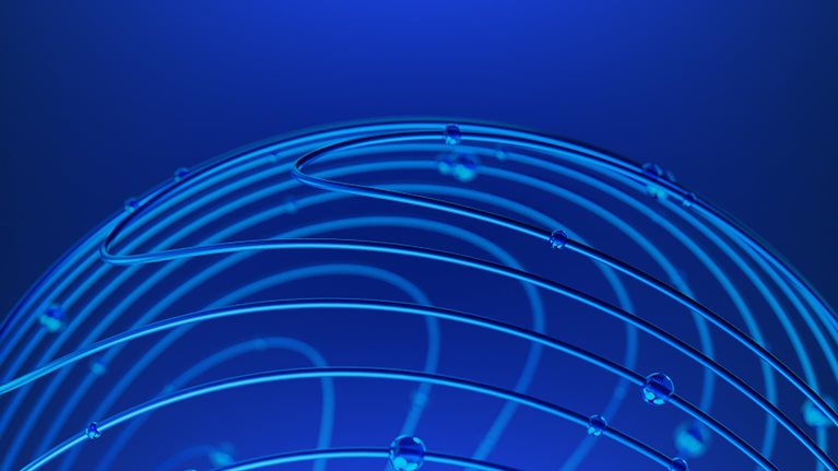 Blue sphere of glowing lines connecting dots strewn around