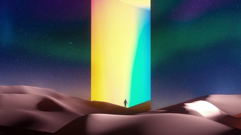 Digital generated image of multi colored portal gate opening night sky. Metaverse concept.