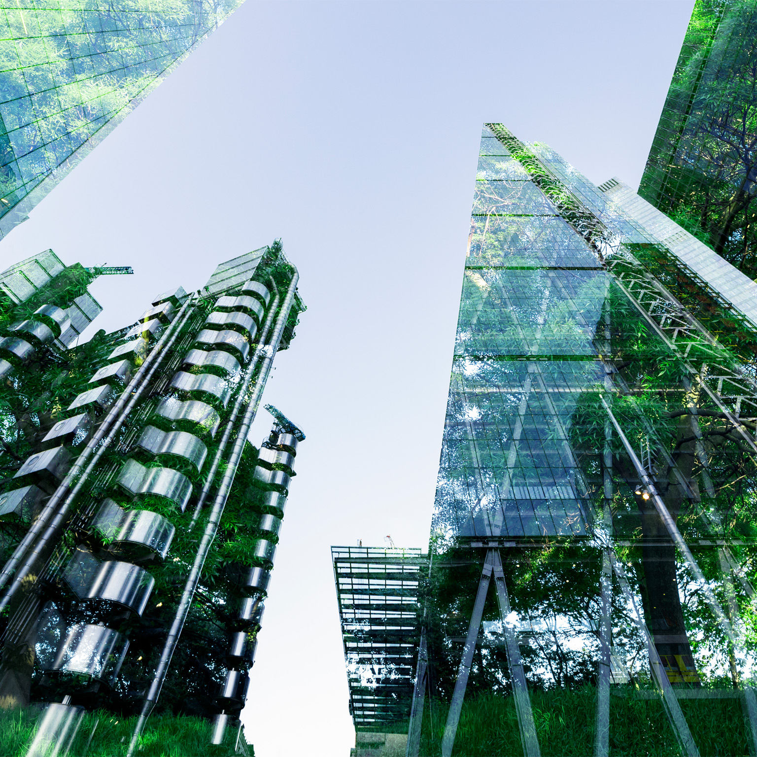 Double exposure of trees and buildings - stock photo