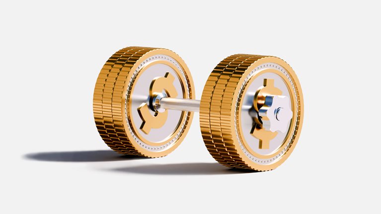 A dumbbell made from stacks of gold coins with dollar signs on the flat center plates.
