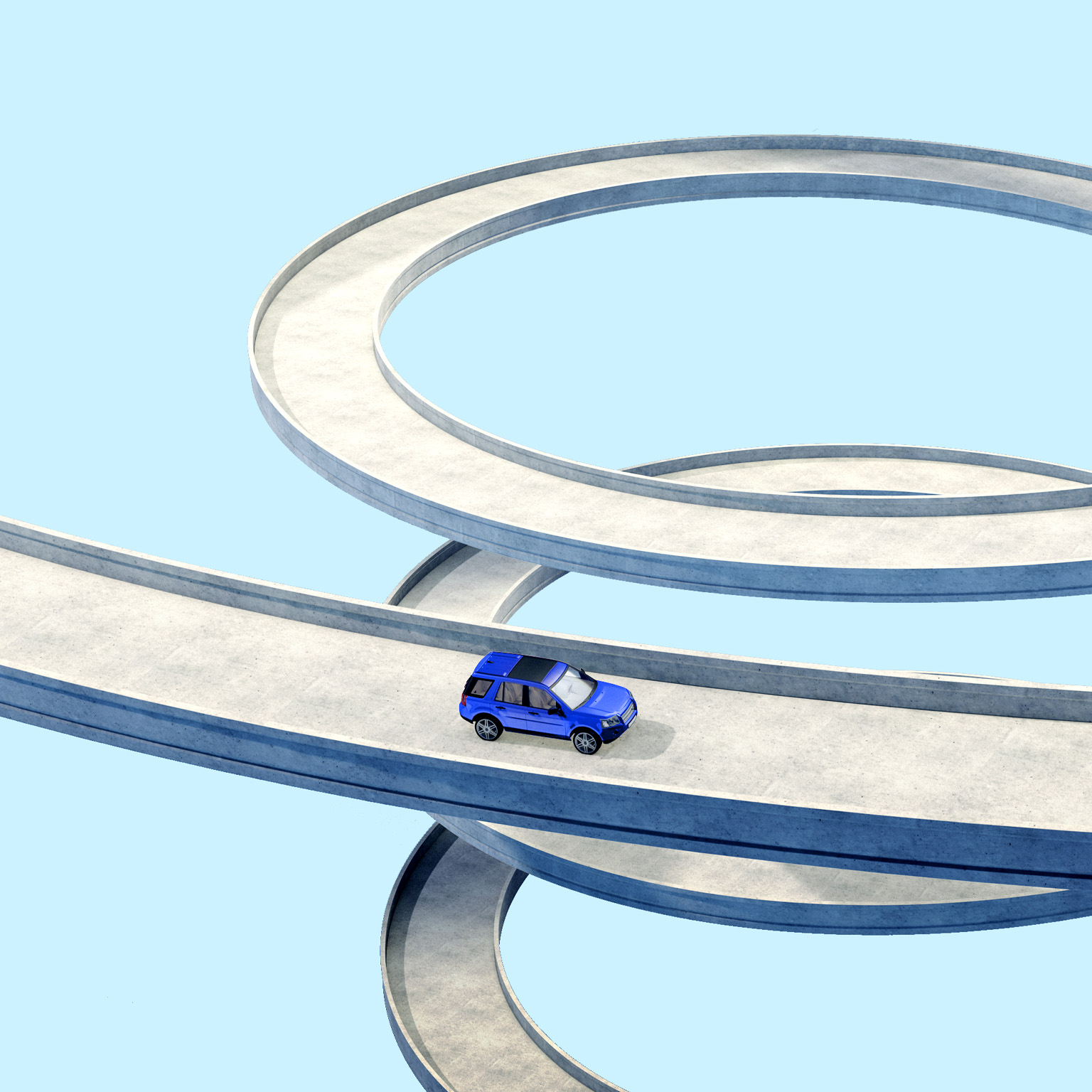  A conceptual depiction of a blue vehicle traversing a lengthy, curving pathway in a spiral form. The backdrop is a uniform, pale blue hue.