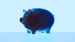 A 3D piggy bank covered in glowing binary numbers.