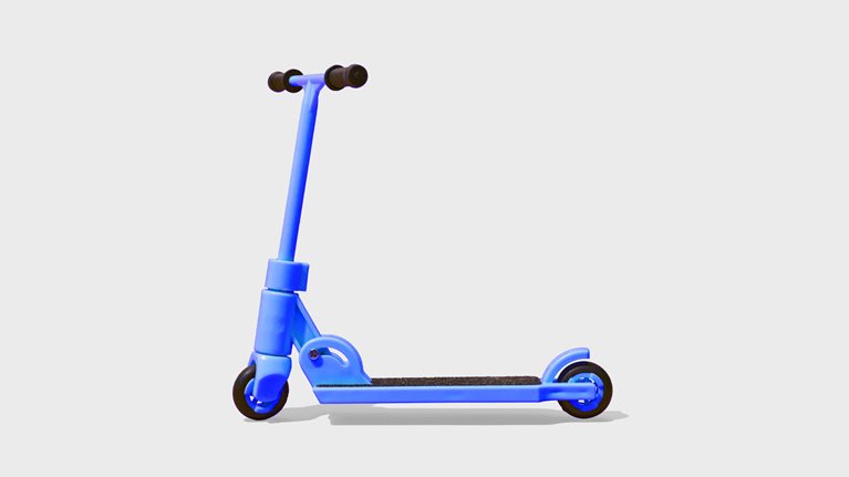 A bright blue scooter, set against a light-grey background.