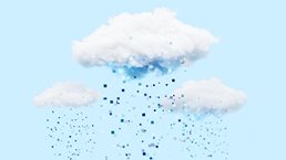 Against a backdrop of light blue, three fluffy white clouds release a robust rain of blue pixels.