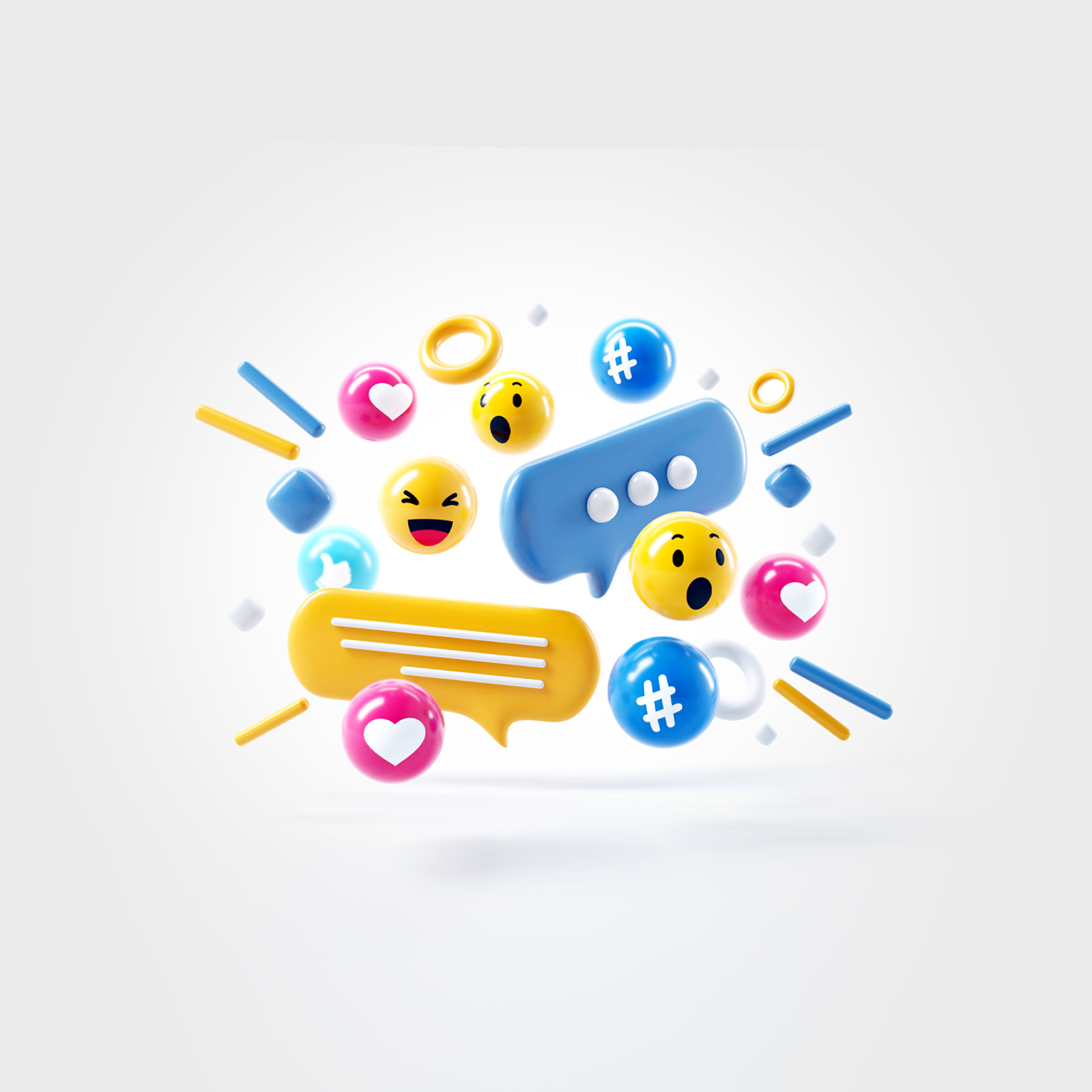 A energetic and tightly grouped collection of social media reaction icons including hearts, thumbs up, happy and surprised faces along with comment and texting bubbles and hashtags. 