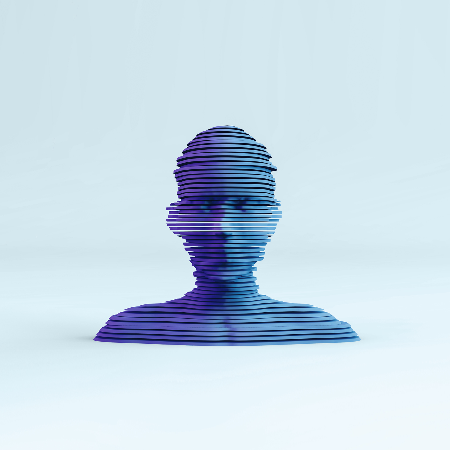 3D layered shape cyborg head on neon colored background