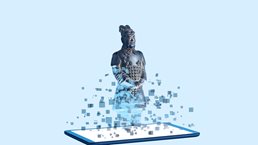 A terracotta soldier figurine emerging from a digital tablet. The soldier looks digitized at it's base but becomes a solid form at it's top.