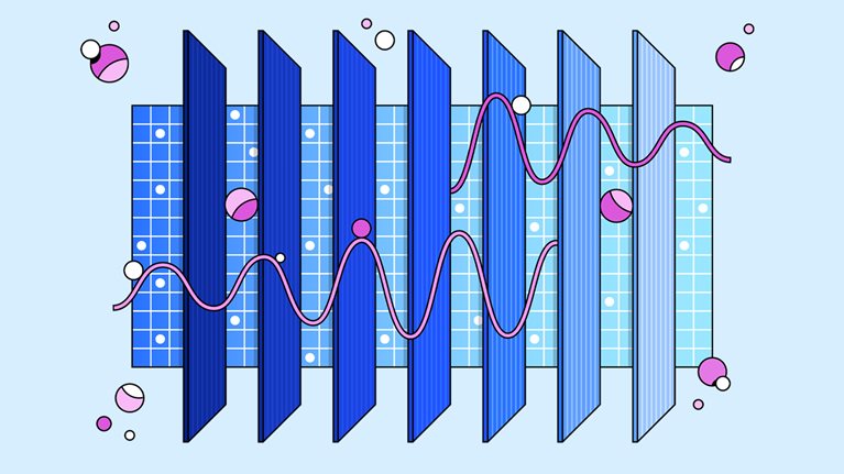 Conceptual illustration of 7 glasslike panels floating over a grid. The panels transition from dark to light blue and 2 pink lines weave past the panels and pink dots float around the grid.