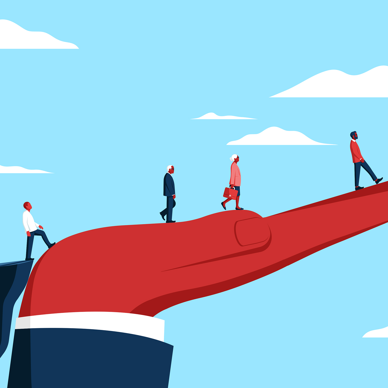 An illustration of a hand  reaching out to help people cross a chasm. The hand represents mentorship.